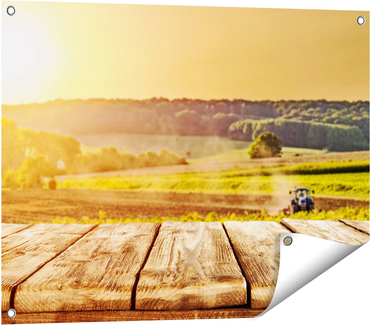 Gards Tuinposter Tractor in het Veld met Houten Planken - 80x60 cm - Tuindoek - Tuindecoratie - Wanddecoratie buiten - Tuinschilderij Multikleur