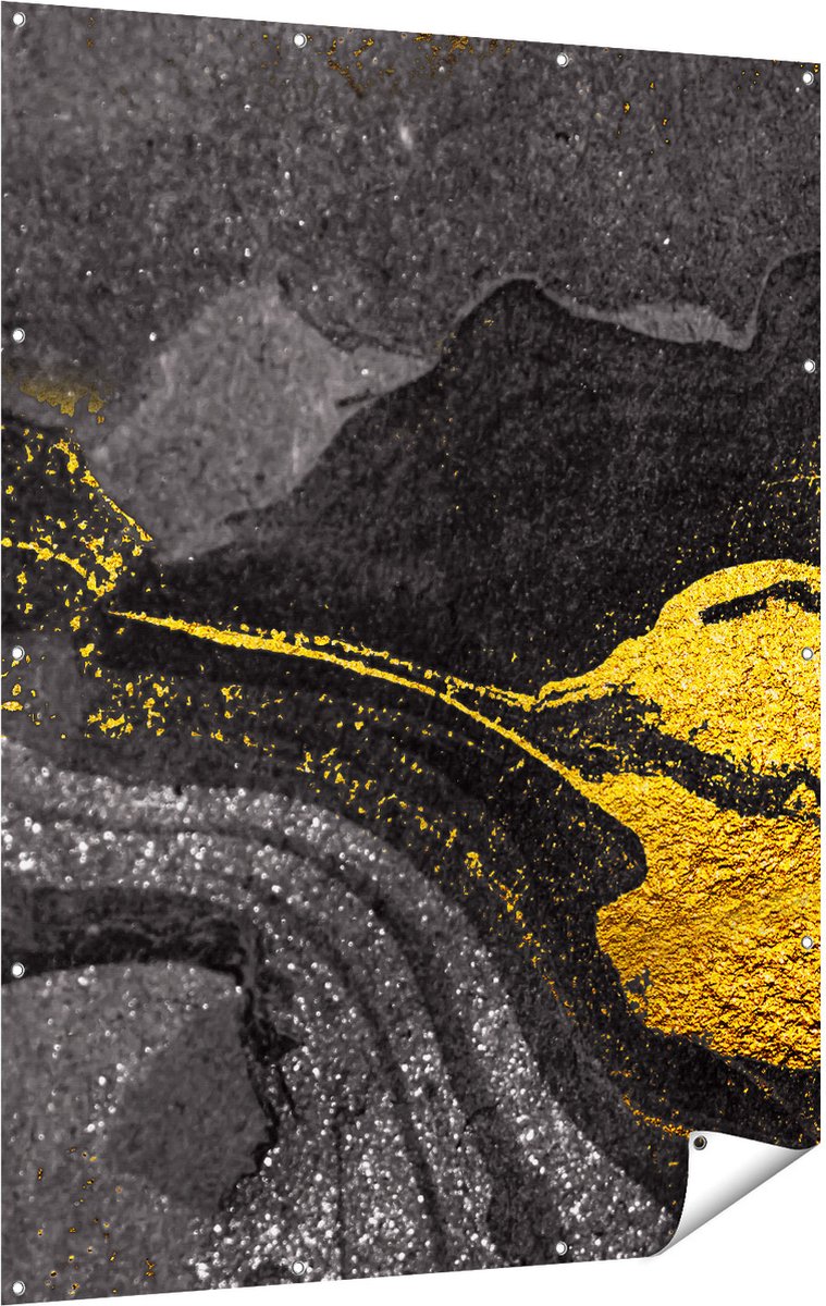 Gards Tuinposter Abstracte Kunst - Zwart Gouden Marmer - 120x160 cm - Tuindoek - Tuindecoratie - Wanddecoratie buiten - Tuinschilderij Multikleur
