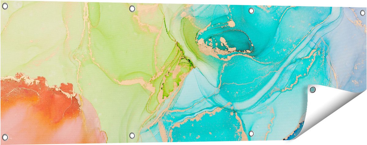 Gards Tuinposter Abstracte Kunst - Kleurrijke Marmer - 120x40 cm - Tuindoek - Tuindecoratie - Wanddecoratie buiten - Tuinschilderij Multikleur