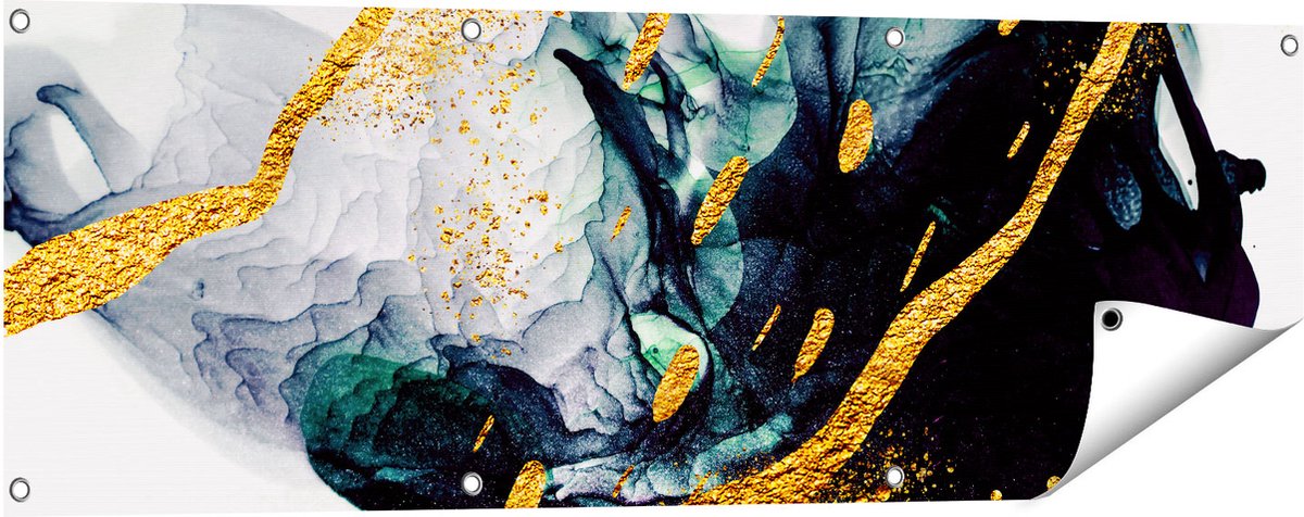 Gards Tuinposter Abstracte Kunst - Zwart Wit met Gouden Strepen - 120x40 cm - Tuindoek - Tuindecoratie - Wanddecoratie buiten - Tuinschilderij Multikleur