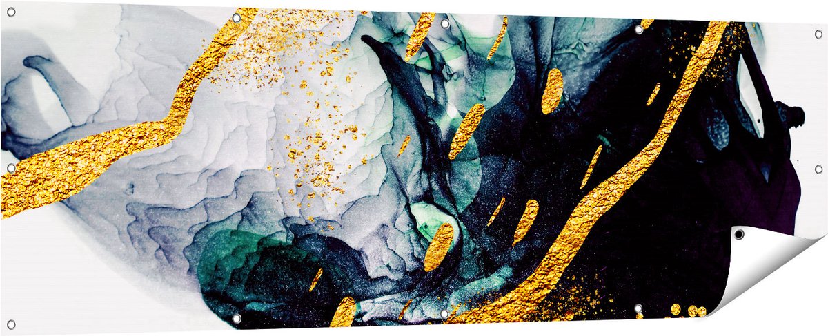 Gards Tuinposter Abstracte Kunst - Zwart Wit met Gouden Strepen - 180x60 cm - Tuindoek - Tuindecoratie - Wanddecoratie buiten - Tuinschilderij Multikleur
