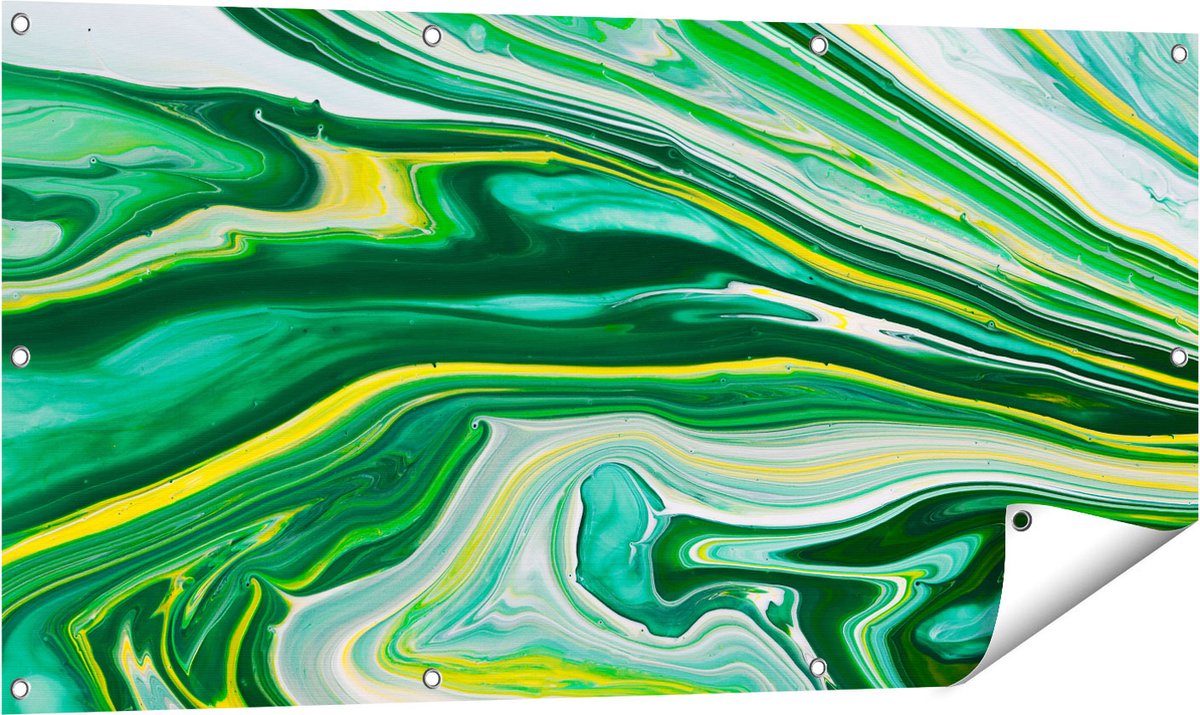 Gards Tuinposter Abstracte Kunst - Groen met Gele Verf - 120x60 cm - Tuindoek - Tuindecoratie - Wanddecoratie buiten - Tuinschilderij Multikleur