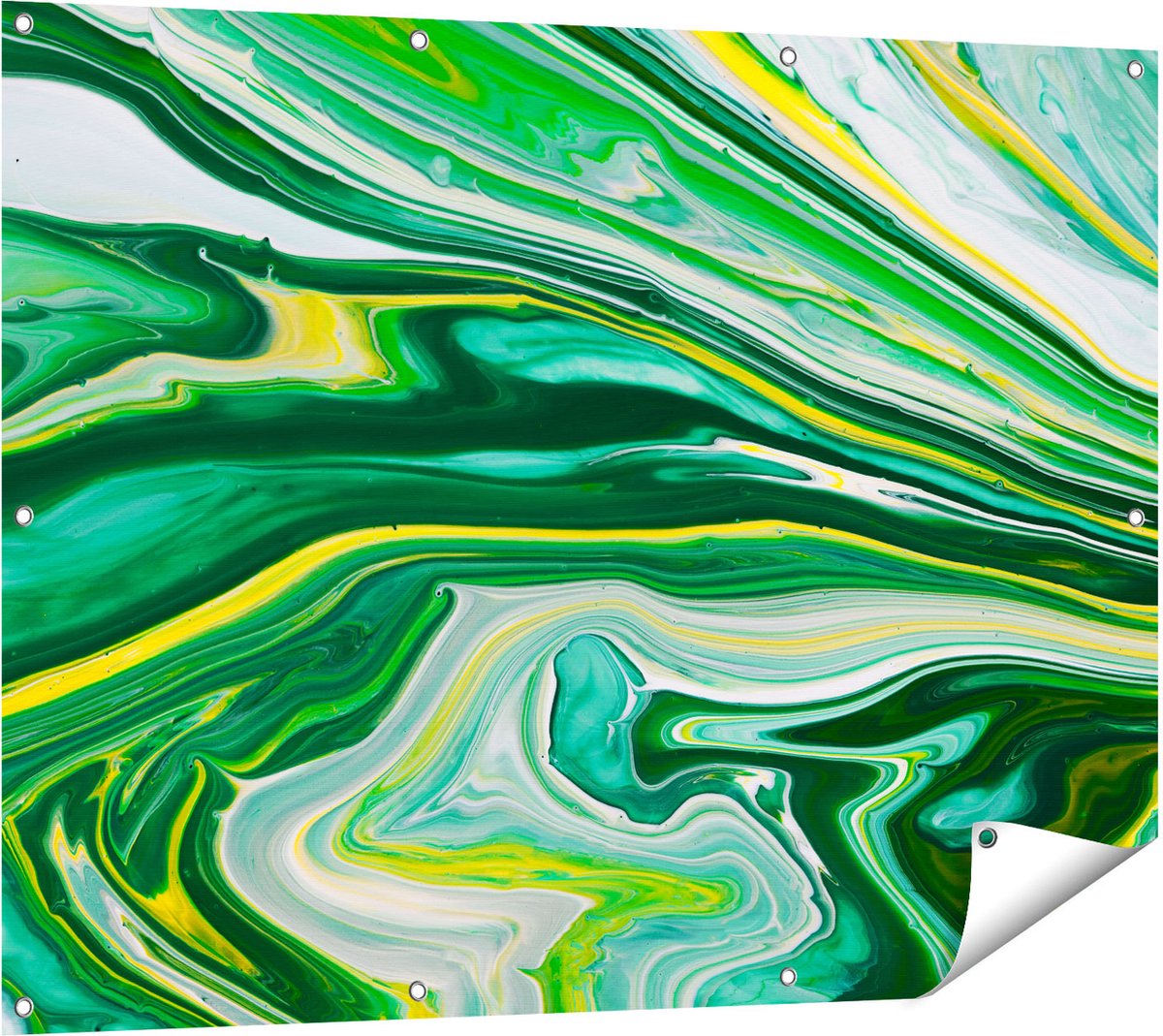 Gards Tuinposter Abstracte Kunst - Groen met Gele Verf - 120x90 cm - Tuindoek - Tuindecoratie - Wanddecoratie buiten - Tuinschilderij Multikleur