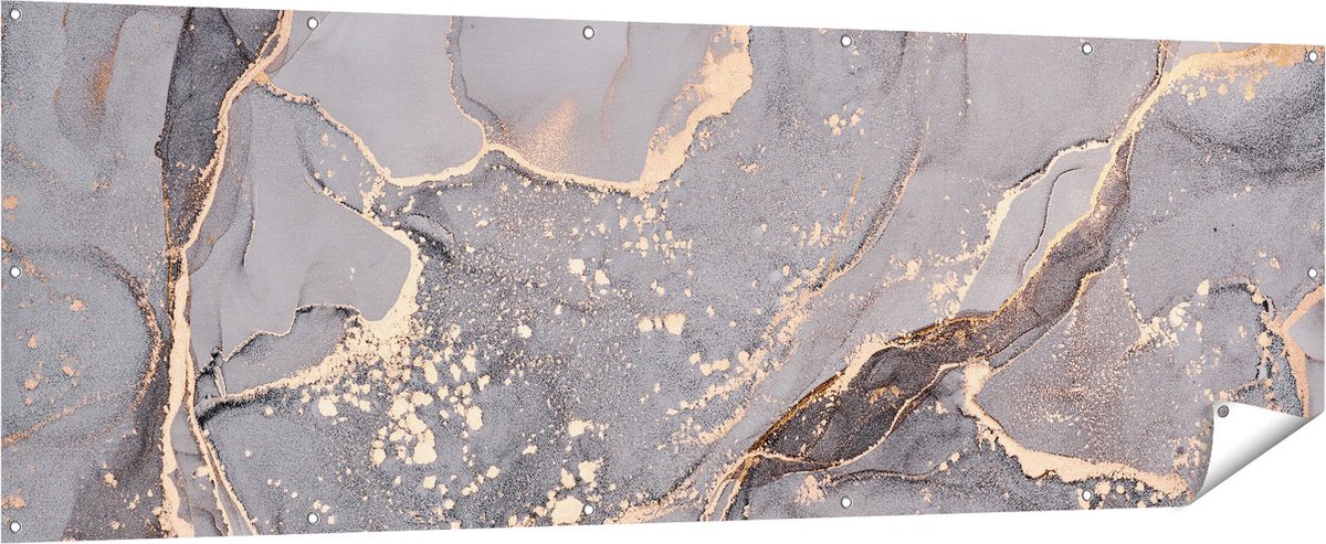 Gards Tuinposter Abstracte Luxe Kunst van Marmer met Goud - 210x70 cm - Tuindoek - Tuindecoratie - Wanddecoratie buiten - Tuinschilderij Multikleur