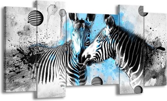GroepArt - Schilderij - Zebra, Dieren - Blauw, Zwart, Wit - 120x65cm 5Luik - Foto Op Canvas - GroepArt 6000+ Schilderijen 0p Canvas Art Collectie - Wanddecoratie