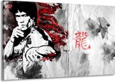 Schilderij Op Canvas - Groot -  Bruce Lee, Sport - Zwart, Wit, Rood - 140x90cm 1Luik - GroepArt 6000+ Schilderijen Woonkamer - Schilderijhaakjes Gratis