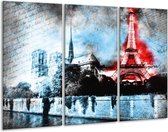 GroepArt - Schilderij -  Parijs, Eiffeltoren - Blauw, Rood, Zwart - 120x80cm 3Luik - 6000+ Schilderijen 0p Canvas Art Collectie