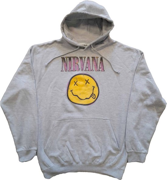 Nirvana Hoodie With Smiley Pink Logo - Official Unisex Pullover Sweatshirt In Grey