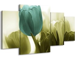 GroepArt - Schilderij - Tulp - Blauw, Zwart, Groen - 160x90cm 4Luik - Schilderij Op Canvas - Foto Op Canvas