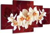 GroepArt - Schilderij -  Orchidee - Rood, Wit, Crème - 160x90cm 4Luik - Schilderij Op Canvas - Foto Op Canvas