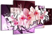 GroepArt - Schilderij -  Orchidee - Paars, Roze, Wit - 160x90cm 4Luik - Schilderij Op Canvas - Foto Op Canvas