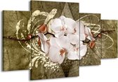 GroepArt - Schilderij -  Orchidee - Goud, Wit, Bruin - 160x90cm 4Luik - Schilderij Op Canvas - Foto Op Canvas