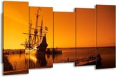 GroepArt - Canvas Schilderij - Boot - Oranje, Bruin, Zwart - 150x80cm 5Luik- Groot Collectie Schilderijen Op Canvas En Wanddecoraties