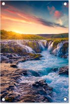 Décoration de jardin Cascade - Plantes - Mousse - Paysage - Coucher de soleil - Rocher - 40x60 cm - Poster jardin - Toile jardin - Poster extérieur