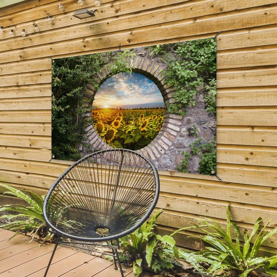 Affiche de jardin - Fleurs - Tournesols - TransparentSoleil - Nuages - Jardin - 120x80 cm - Décoration de jardin - Toile de clôture - Toile de jardin