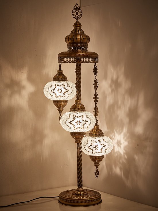 Lampe mosaïque - Lampe orientale - Lampe turque - Lampadaire - Lampadaire - Lampe marocaine - Ø 15 cm - Hauteur 85 cm - 3 sphères - Handgemaakt - Authentique - Wit