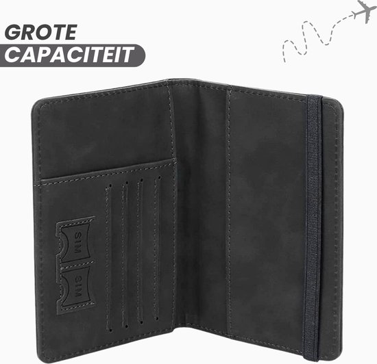 Open zwart paspoorthoesje met vakjes voor kaarten en een elastische sluiting.