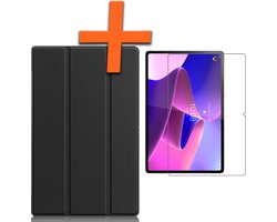 Hoesje - Geschikt voor Lenovo Tab P12 Pro - Met Screenprotector - Trifold Bookcase - Hard Cover - Hardcover Book Case - Tablet Hoes - Zwart