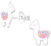 Joy|S - Zilveren alpaca lama oorbellen - 8 x 10 mm - wit roze - kristal - kinderoorbellen