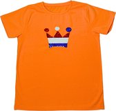 T-shirt kinderen Kroontje met magic sequence | Oranje Shirt | Koningsdag Kleding | Oranje | maat 158