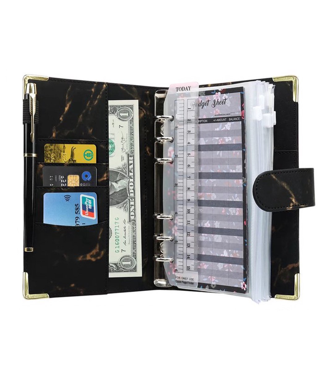 Budget Planner met Geldenveloppen | Huishoudboekje | Kasboek | Money Planner | A6 Binder | Black Marble