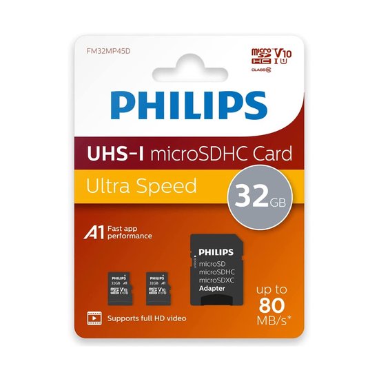 Carte Micro SDHC Philips FM32MP45D - 32 Go - Classe 10 - UHS-I U1 -  Adaptateur inclus