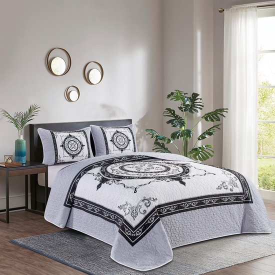 Parure de lit Luxe - Couvre-lit 220x240 - Kussensloop 2x 50x70 - blanc avec détails chics noirs
