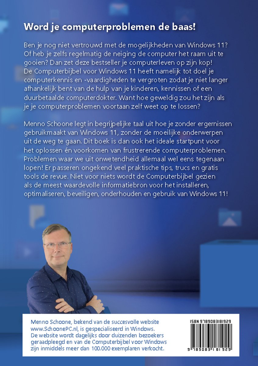 Achterkant boek "Computerbijbel voor Windows 11", met foto van auteur Menno Schone en een ISBN.