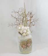 ZoeZo Design - Kerststukje - in glazen pot - wit - goud - met waxinelichtjeshouder - H 40 cm, Ø 20 cm - pot Ø 13 cm - pot H 15 cm