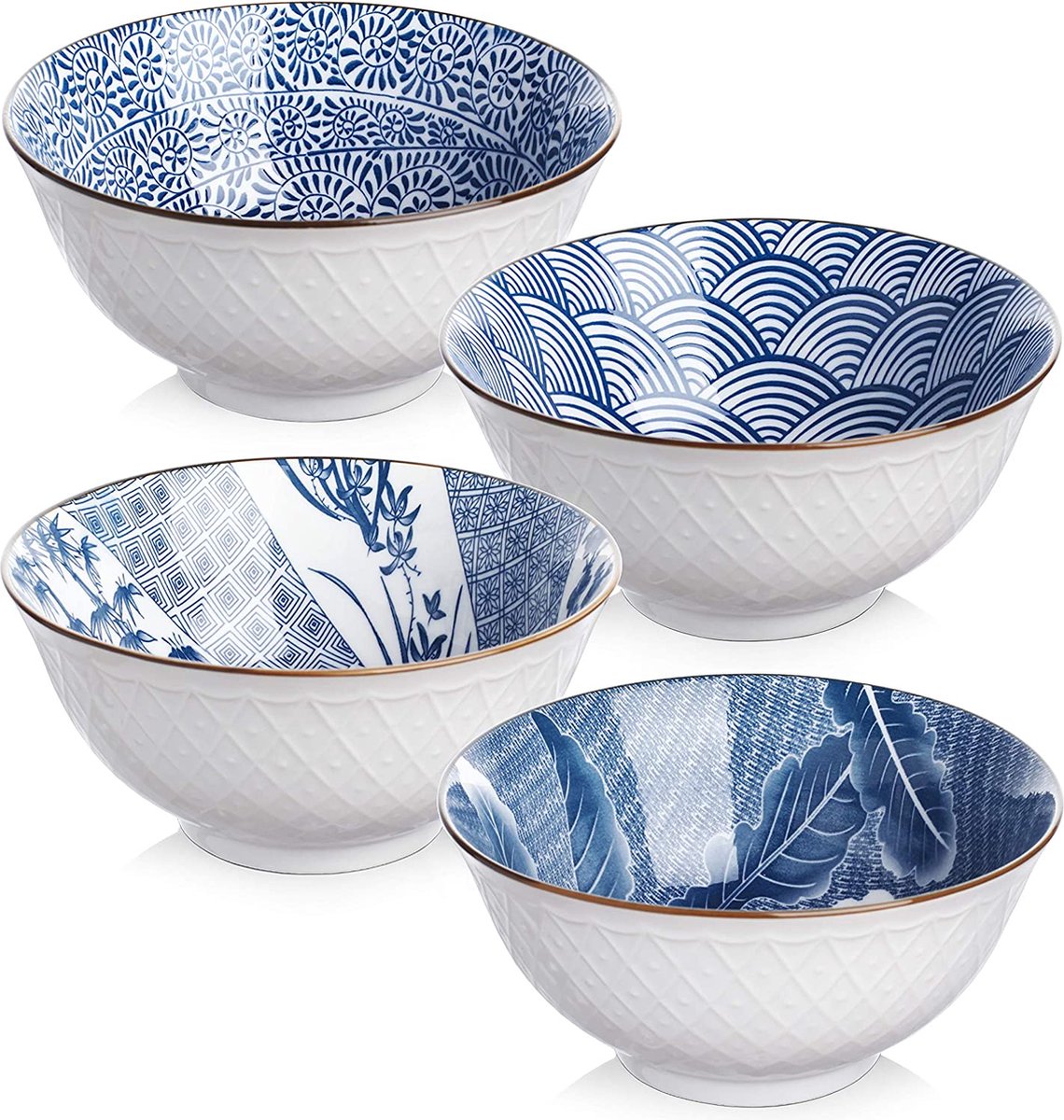 Japanse stijl keramische kommen voor rijst, soep, salade, snack, fruit, 24 oz/700ML Ramen Bowls, magnetron & vaatwasmachinebestendig, blauw witte patronen, servies set van 4