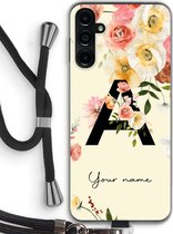 Gepersonaliseerd - Case Company® - Hoesje met koord geschikt voor Samsung Galaxy A14 hoesje met Koord - Flirty Flowers Monogram - Telefoonhoesje met Zwart Koord - Bescherming aan alle Kanten en Over de Schermrand