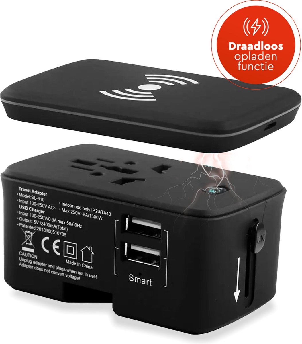 ChargeMore Reisadapter Draadloze Oplader - Universele Wereldstekker - Internationale Reisstekker - Wireless Charger - USB & USB C - 150+ Landen - ChargeMore