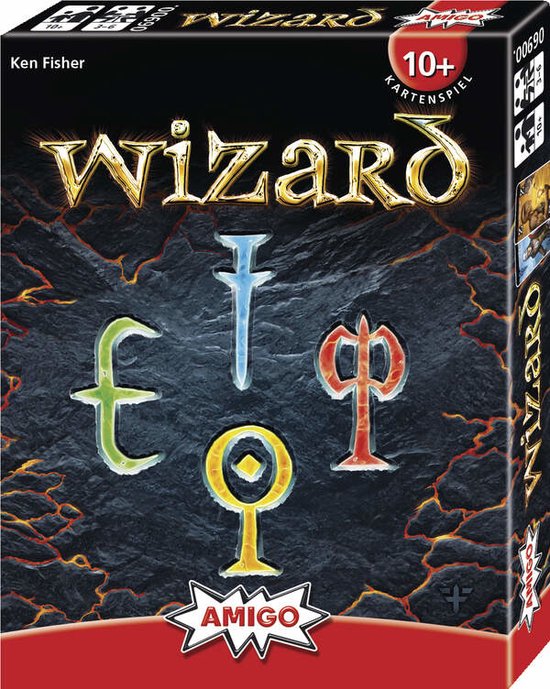Boîte du jeu de cartes Wizard. Fond noir et texturé avec quatre symboles colorés : vert, bleu, rouge et jaune.