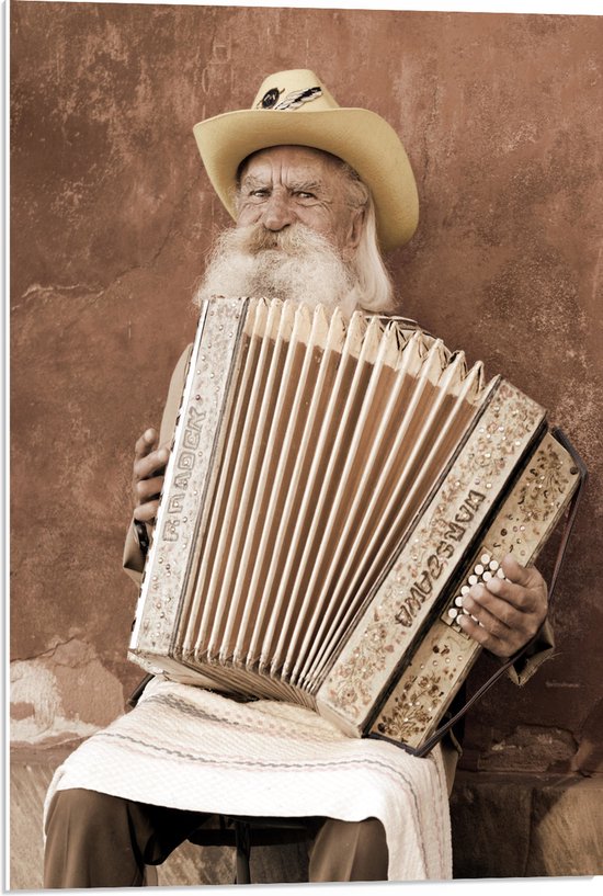 PVC Schuimplaat - Oude Man met Baard Spelend op Accordeon - 50x75 cm Foto op PVC Schuimplaat (Met Ophangsysteem)