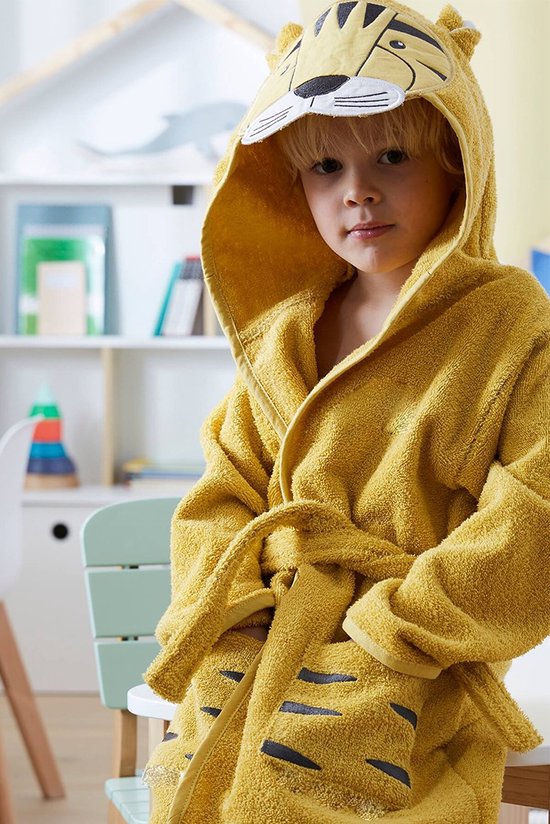 SNS Home - Badjas Coloré Pour Filles et Garçons - Peignoir Enfant - Badjas en Forme d'Animal - Badjas en Coton - Figurine Tigre - Jaune - 3/4 Ans