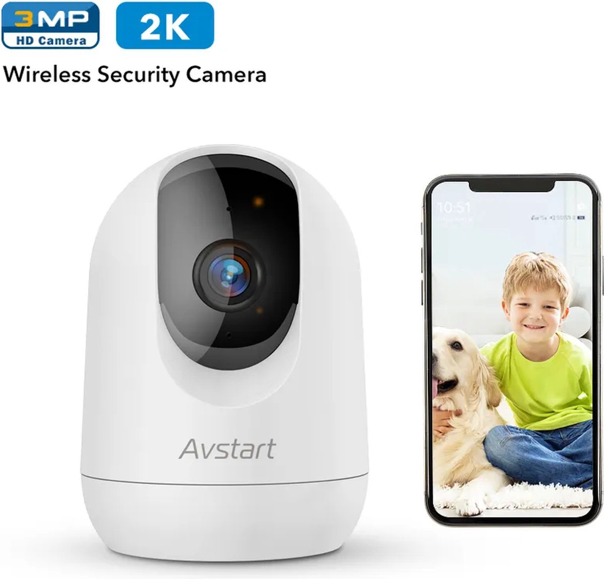 Baybarks beveiligingscamera - huisdiercamera - babycamera - inclusief app - beelden op telefoon - nightvision - 3mp 2k - wifi - 360