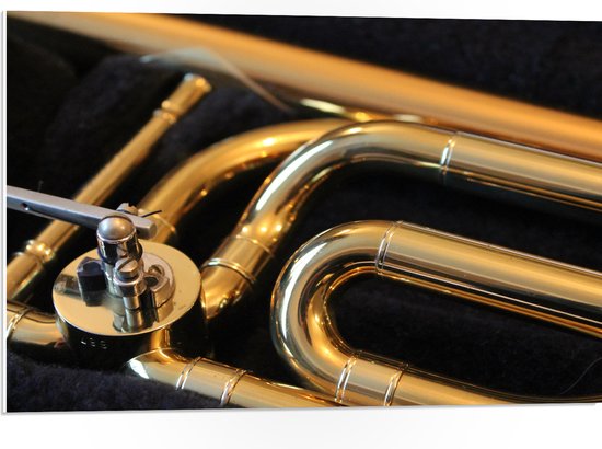 PVC Schuimplaat - Gouden Details van Blaasinstrument - 75x50 cm Foto op PVC Schuimplaat (Met Ophangsysteem)