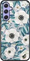 Leuke Telefoonhoesjes - Hoesje geschikt voor Samsung Galaxy A54 - Witte bloemen - Backcover zwart - Bloemen - Blauw