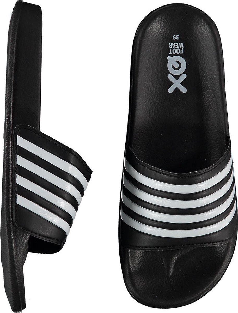 XQ - Slippers Dames - Stripes - Zwart - Badslippers dames - Gevormd voetbed