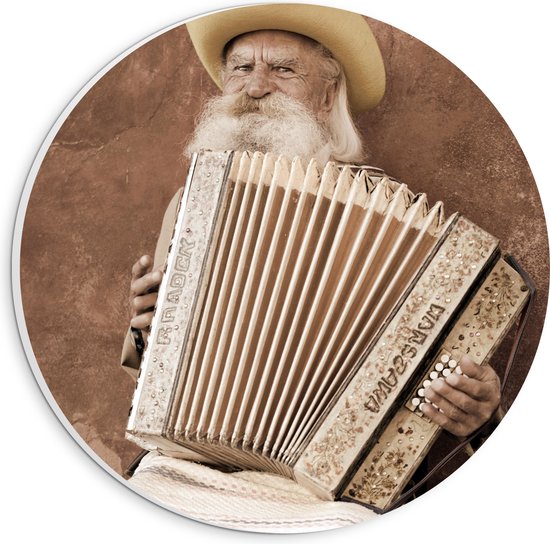 PVC Schuimplaat Muurcirkel - Oude Man met Baard Spelend op Accordeon - 20x20 cm Foto op Muurcirkel (met ophangsysteem)