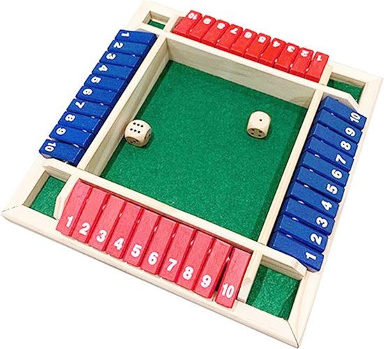Thumbnail van een extra afbeelding van het spel Shut The Box - 4 Spelers - Rood & Blauw - Dobbelspel - Rekenspel