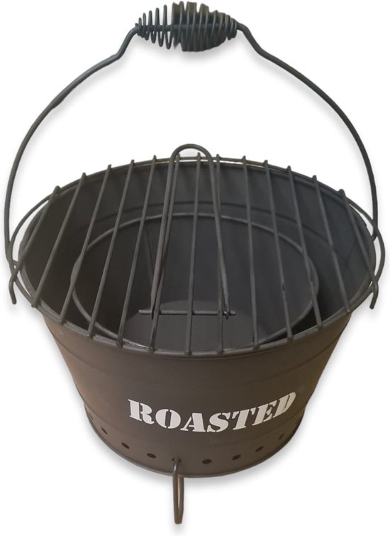 BBQ - draagbaar-metaal- zwart - met tekst ''roasted'' - 1 stuk in doos