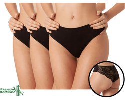 Damesslip met kant - Bamboe ondergoed - 3 stuks - Zwart - Maat M