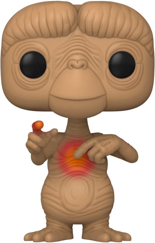 Bruine E.T. Funko Pop met gloeiend hart en een oranje bolletje in de rechterhand.