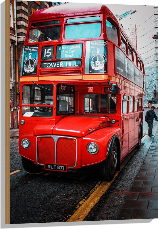Hout - Traditionele Rode Bus in Londen, Verenigd Koninkrijk - 60x90 cm - 9 mm dik - Foto op Hout (Met Ophangsysteem)