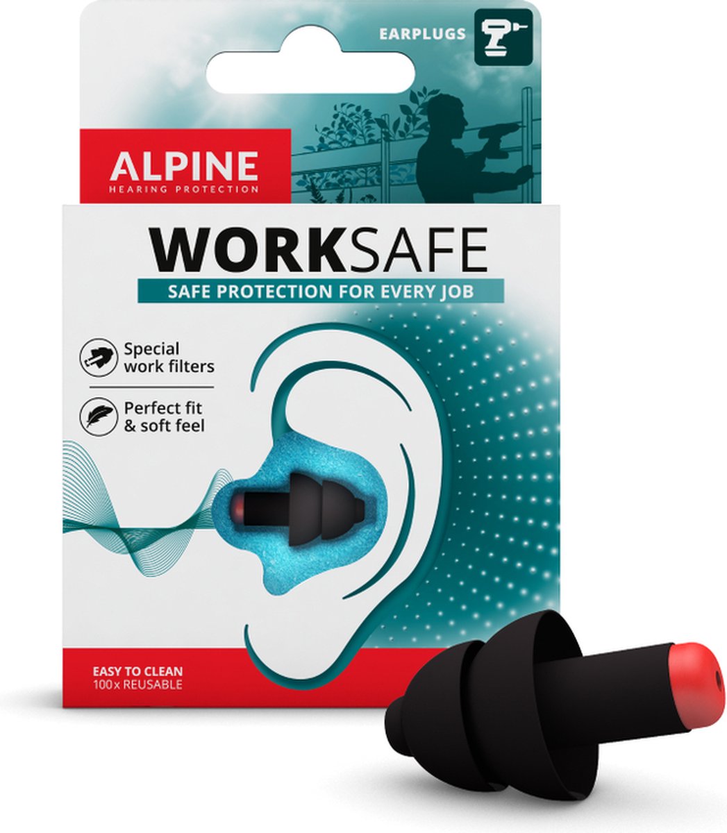 Alpine WorkSafe Oordoppen - Earplugs beschermen jouw gehoor tijdens het klussen (23dB) - Gemakkelijk te verwijderen met handschoenen (groter formaat) - Inclusief draagkoord - Zwart - 1 paar - Alpine Hearing protection