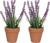 Everlands lavendel kunstplant in terracotta pot - 2x - paars - D6 x H18 cm