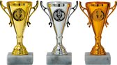 Luxe trofee/prijs beker - brons/goud/zilver - metaal - 13 x 8 cm