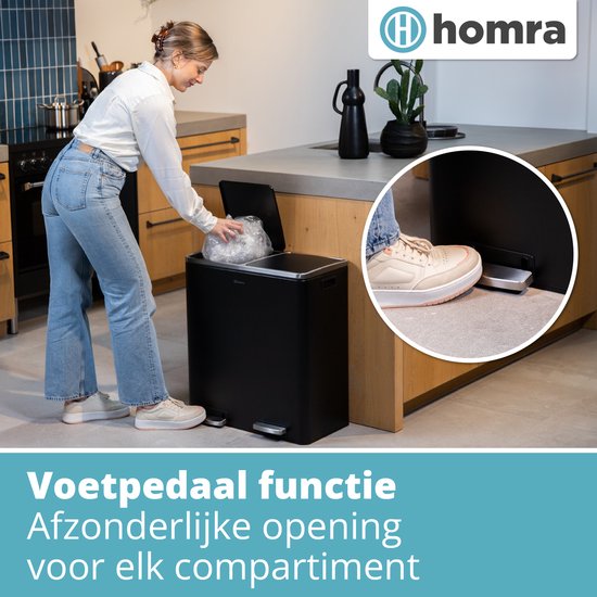 Homra Quickx Prullenbak Afvalscheiding 60 liter - Pedaalemmer Zwart - Duo prullenbak 2 x 30 liter - Vuilnisbak voor huishouden en kantoor - Recycle Vuilbak keuken Afvalemmer 2 vakken - Automatische Soft Close Deksel