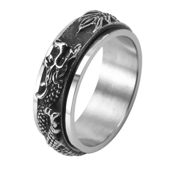Zilverkleurige ring met draakmotief, met een draaibare buitenring.